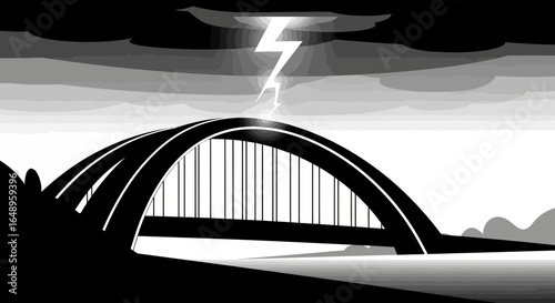 Dramatic Bridge Silhouette With Lightning Strike And Moody Weather Sky