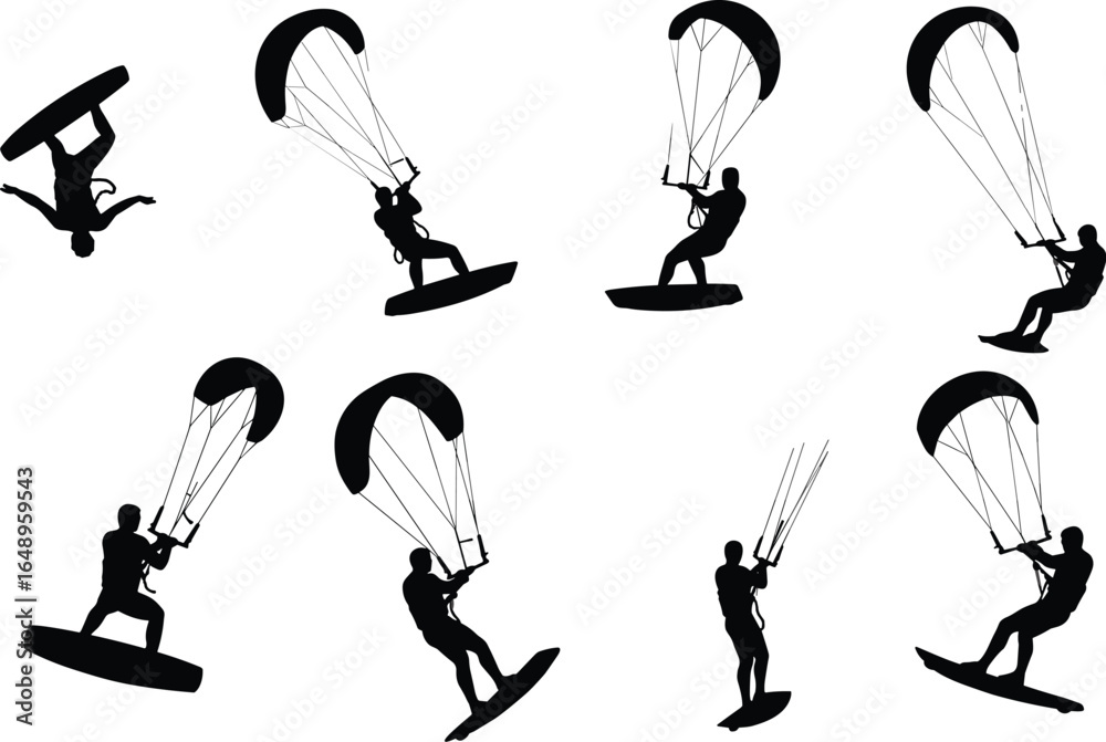 Εκτύπωση καμβά A set of kitesurfing silhouettes, showing various actions and poses of people engaging in the exciting water sport, vector illustration