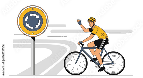 Cyclist Waves On Roundabout Sign For A Healthy And Eco Friendly Lifestyle