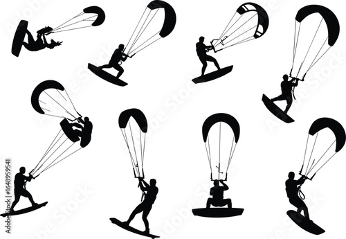 A set of kitesurfing silhouettes, showing various actions and poses of people engaging in the exciting water sport, vector illustration.