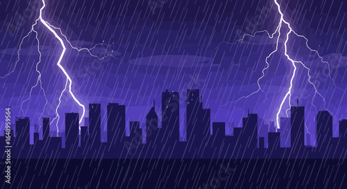 Dramatic Cityscape Illustration With Lightning Strikes And Heavy Rainfall At Night