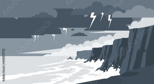 Dramatic Coastal Cliffscape During Stormy Weather With Lightning Strikes