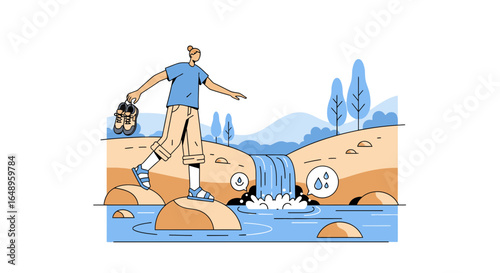 Daring Feat Man Crossing A River By Balancing On Rocks In Nature
