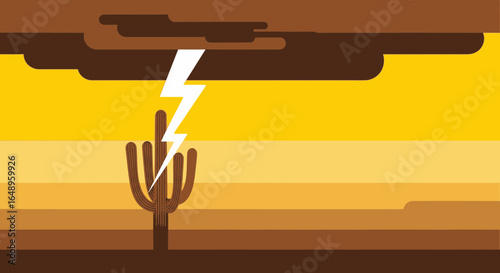 Dramatic Desert Scene With Cactus Silhouette and Lightning Strike Vector Illustration