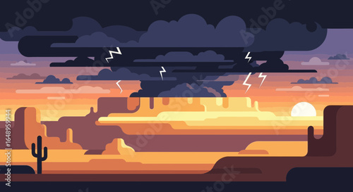 Dramatic Desert Scene With Lightning Strikes And An Approaching Stormy Weather