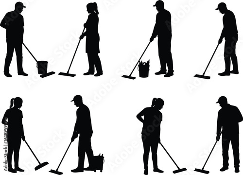 A diverse group of professional cleaners and janitors working, showcasing various cleaning actions and poses.