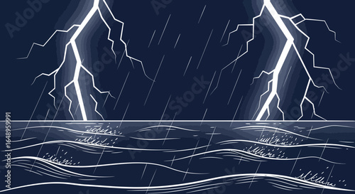Dramatic Electrical Storm Over The Ocean Generating Lightning Bolts And Heavy Rain