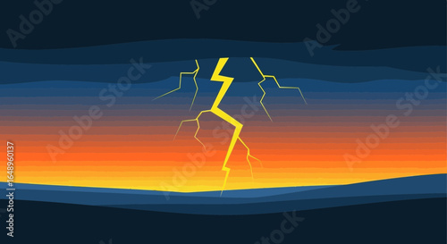 Dramatic illustration of lightning striking a stormy sky during colorful sunset