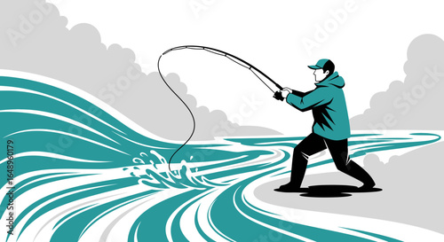 Dedicated Angler Casts Line into Rushing Waters During a Fishing Trip