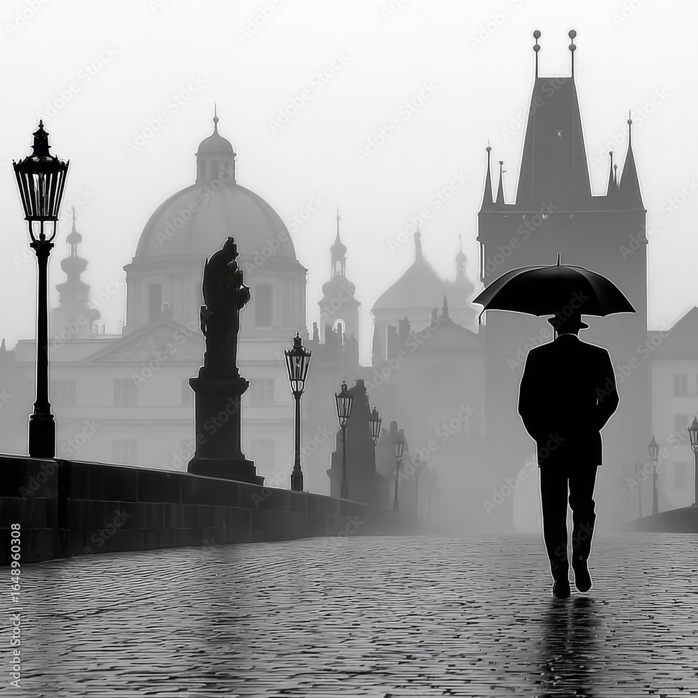 Obraz premium Mysterious Silhouette of a Man with Umbrella on a Foggy Cobblestone Street in Historic Prague