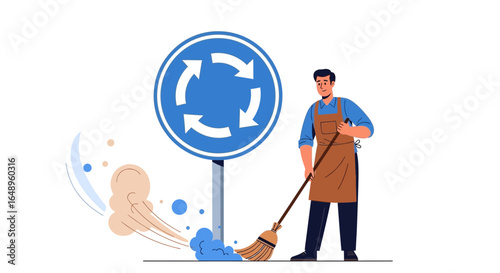 Dedicated Man Sweeping Near Traffic Circle Sign With Gentle Focus On Cleanliness