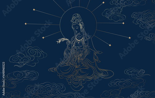 Elegant vector illustration of Guanyin Bodhisattva with cloud