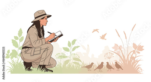 Dedicated Ornithologist Observes Birdlife Carefully And Takes Detailed Field Notes