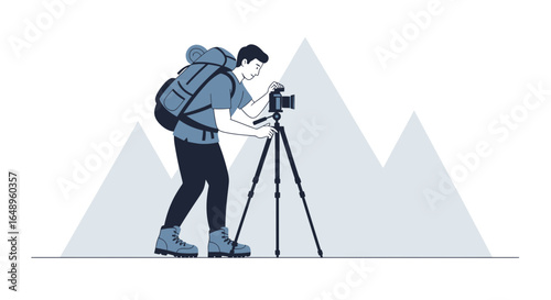 Dedicated Photographer Capturing Scenic Mountain Views In The Wilderness
