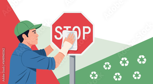 Dedicated Volunteer Cleans A Stop Sign With Recycling Symbols In Background