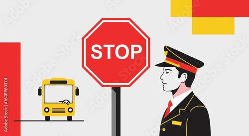 Dedicated Traffic Officer Ensuring Safe Passage Near the School Bus Zone Illustration
