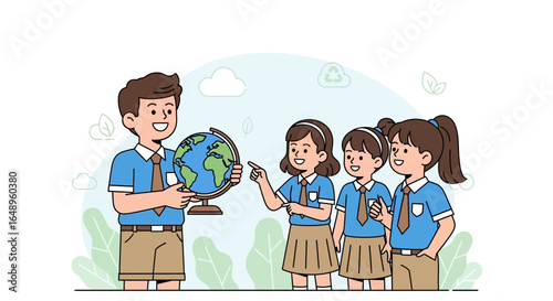 Dedicated Teacher Explaining Geography Lesson To Students With Globe In Classroom