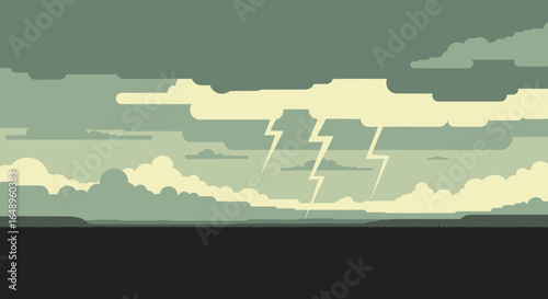 Dramatic Lightning Storm Over Dark Landscape Flat Minimalist Vector Illustration