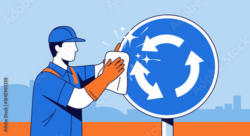 Dedicated Worker Cleans Road Sign For Improved Public Safety And Visibility