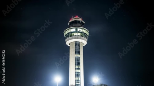 Airport Control Tower at Night, Illuminated Beacon