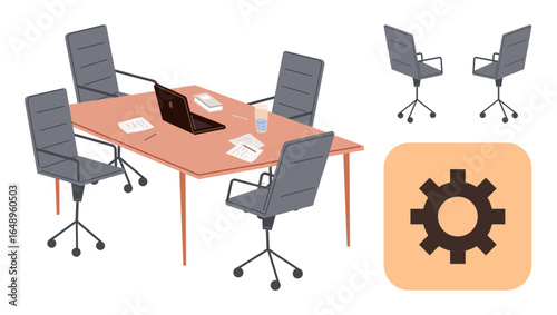 Office table with gray swivel chairs, laptop, paper documents, and glass of water for meetings or teamwork. Ideal for workplace, collaboration, productivity, management, planning strategy