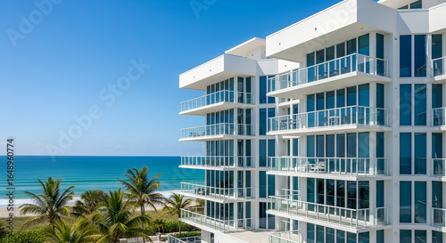 Modern glass apartment building with balconies overlooking the ocean. Contemporary architecture, luxury real estate and urban lifestyle concept with sea view and elegant residential design.