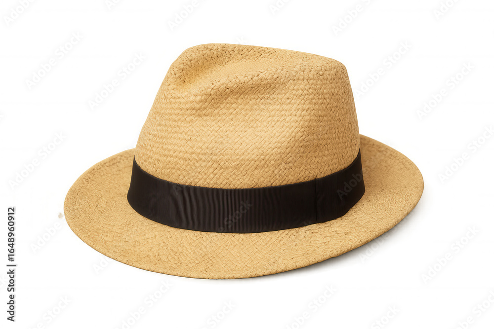 Classic panama hat featuring a black ribbon, isolated on a transparent background, perfect for summer and travel projects Classic panama hat featuring a black ribbon, isolated on a transparent background, perfect for summer and travel projects