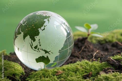 Glass globe on moss representing environmental conservation
