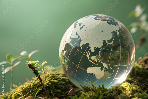 Transparent glass globe showing Asia-Pacific region placed on green moss with small plants, symbolizing global environmental care and sustainability.
