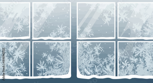 Delicate Frost Patterns on Windowpane During Cold Winter Season Holiday Theme