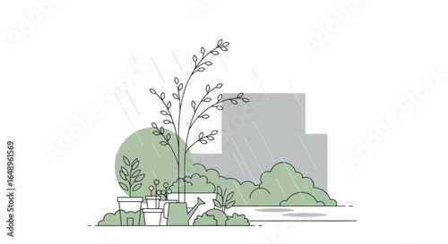 Delicate Garden Growing During Rainy Season With Clean Line Vector Drawing