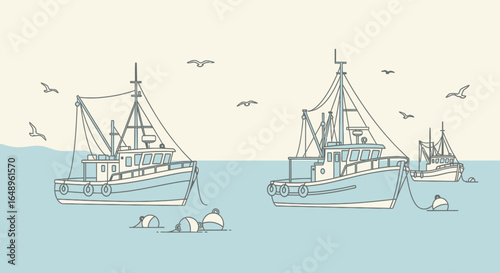 Delicate Outlines Of Fishing Boats Floating In The Coastal Waters With Seagulls
