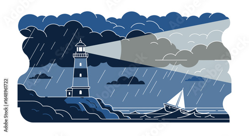 Dramatic Seascape Aided By The Lighthouse During A Heavy Rainstorm