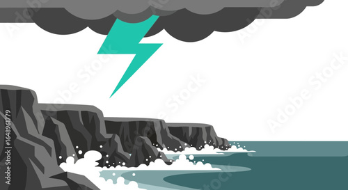 Dramatic Seascape With Cliffs Under Stormy Weather And Lightning Strike