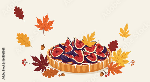 Delicious Fig Tart With Autumnal Leaves And Berries Flat Lay Illustration