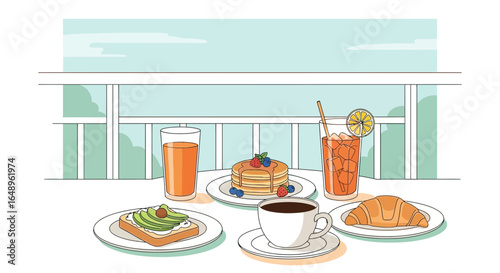 Delicious Morning Breakfast Featuring Avocado Toast, Pancakes, Coffee, and Croissant