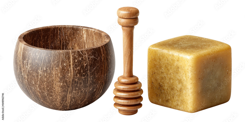 Isolated Wooden Bowl, Honey Dipper, and Block of Beeswax on Transparent Background Isolated Wooden Bowl, Honey Dipper, and Block of Beeswax on Transparent Background