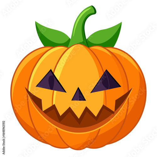 A cheerful cartoon jack o lantern with a green stem and leaves