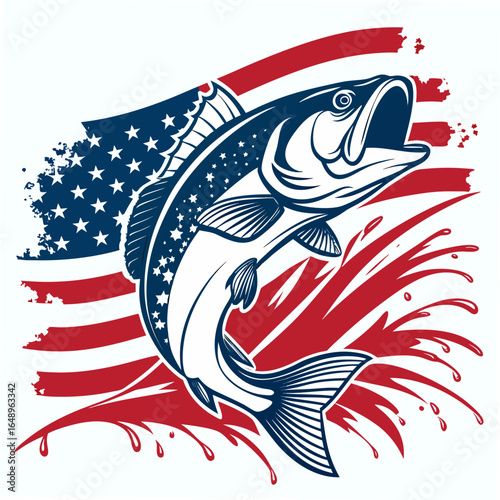 Majestic bass leaping through american flag with water splashes