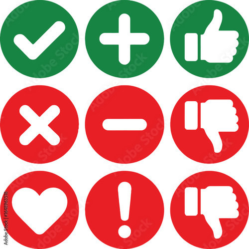 Approval Feedback Icons Check, Plus, Thumbs Up, Heart, Warning, Cross, Minus, Down
