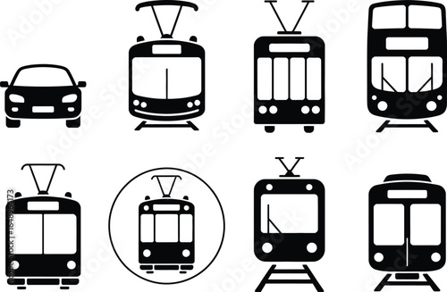 Black Transportation Icons Car Silhouette and Tram Pictograms on White Layout
