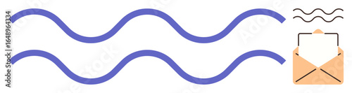 Blue wavy lines symbolize communication flow or waves alongside a simple envelope. Ideal for messaging, connectivity, email, mail service, communication concepts, technology, simplicity. A simple