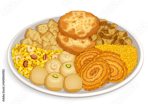 Diwali Snacks Thali. Besan Laddoo, Chakli, Sev, Bakarwadi, Mathri, Namak Paray and Chivda. Festival Sweet and Savory Appetizers