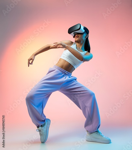 Young woman wearing virtual reality headset dancing with colorful lighting