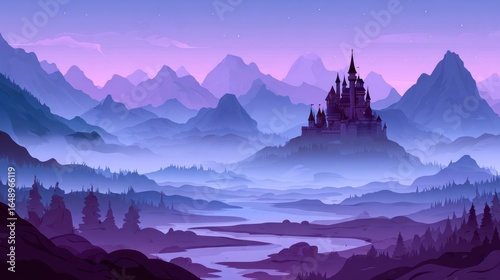 Mountain castle panorama in purple hues; fog-filled valley, river below