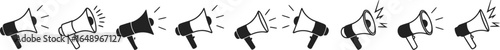 Lineup of Black and White Megaphones with Sound Waves on Transparent Background