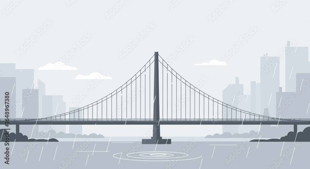 Fototapeta premium Dramatic Suspension Bridge Over Water In Gray Hues During A Rainy Day