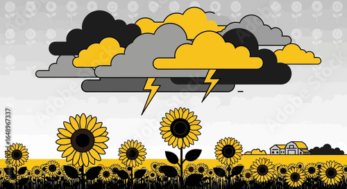 Dramatic Sunflowers Under Stormy Skies With Lightning In The Countryside Landscape