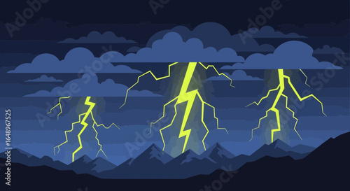 Dramatic Thunderstorm Illustration With Bright Lightnings Over The Mountain Range