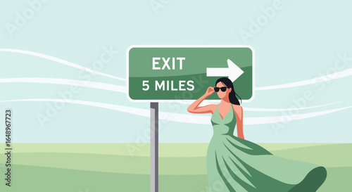 Elegant Woman Posing Near Highway Exit Sign For Long Anticipated Road Trip